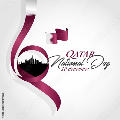 Qatar national day celebration with landmarks and flags in Arabic translation: qatar national day 18 th december. vector illustration