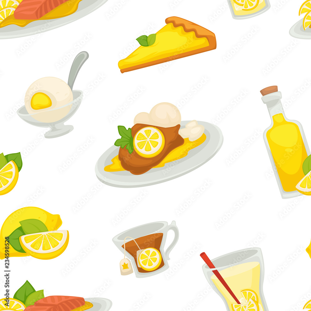 Lemon and lemonade, oil in glass bottle seamless pattern isolated on white background vector.