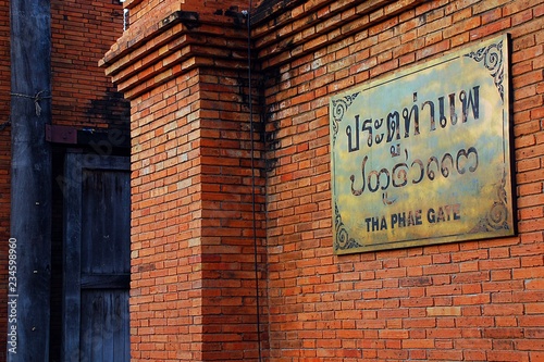 Tha Phae Gate sign. The Ancient wall of Chiang Mai, Thailand. photo