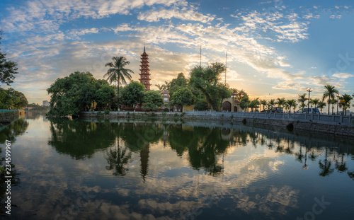 Hanoi cityscape at twilight. Tran Quoc pagoda  the oldest temple in Hanoi  Vietnam