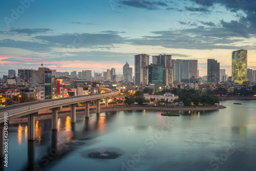 Aerial skyline view of Hanoi at Hoang Cau lake. Hanoi cityscape by sunset period