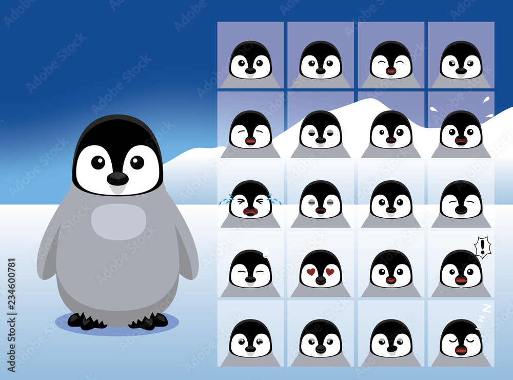 Fototapeta premium Baby Penguin Cartoon Emotion faces Vector Illustration