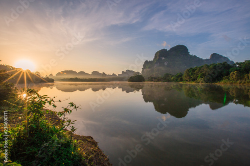 Backgrounds of scenery  nature   wallpaper close  mountains  swamps  trees  with a colorful atmosphere morning sunrise  natural beauty  seen during the trip.