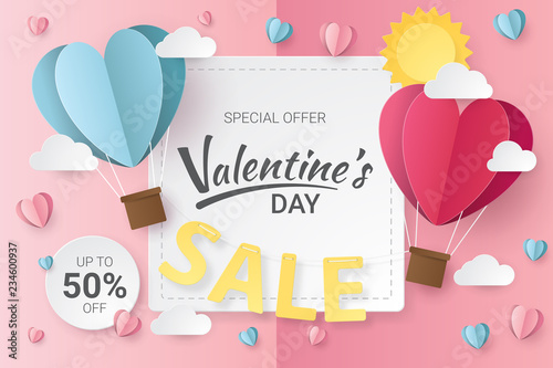 Valentines day sale background with Heart  Balloons, clouds and sun.  Paper cut style. Vector illustration.