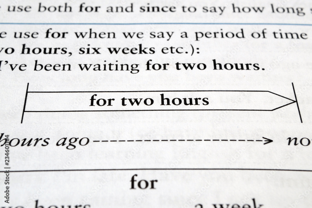 For two hours phrase in English textbook Selective focus For two hours phrase in English textbook Selective focus