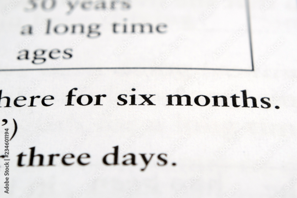 For six months phrase in English textbook Selective focus