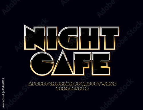 Vector Sign with text Night Cafe. Modern set of Golden Alphabet Letters and Numbers. Metallic gradient Font.