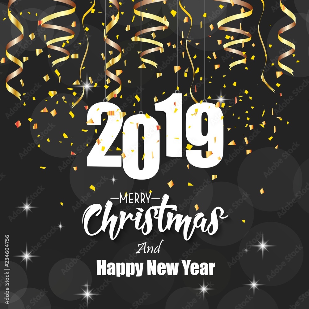 Fototapeta premium 2019 Happy New Year and Merry Christmas greeting card with falling golden confetti and ribbon