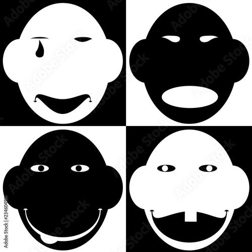 The set of cute emoticon. Funny face with tongue. Vector illustration. White and the black. 