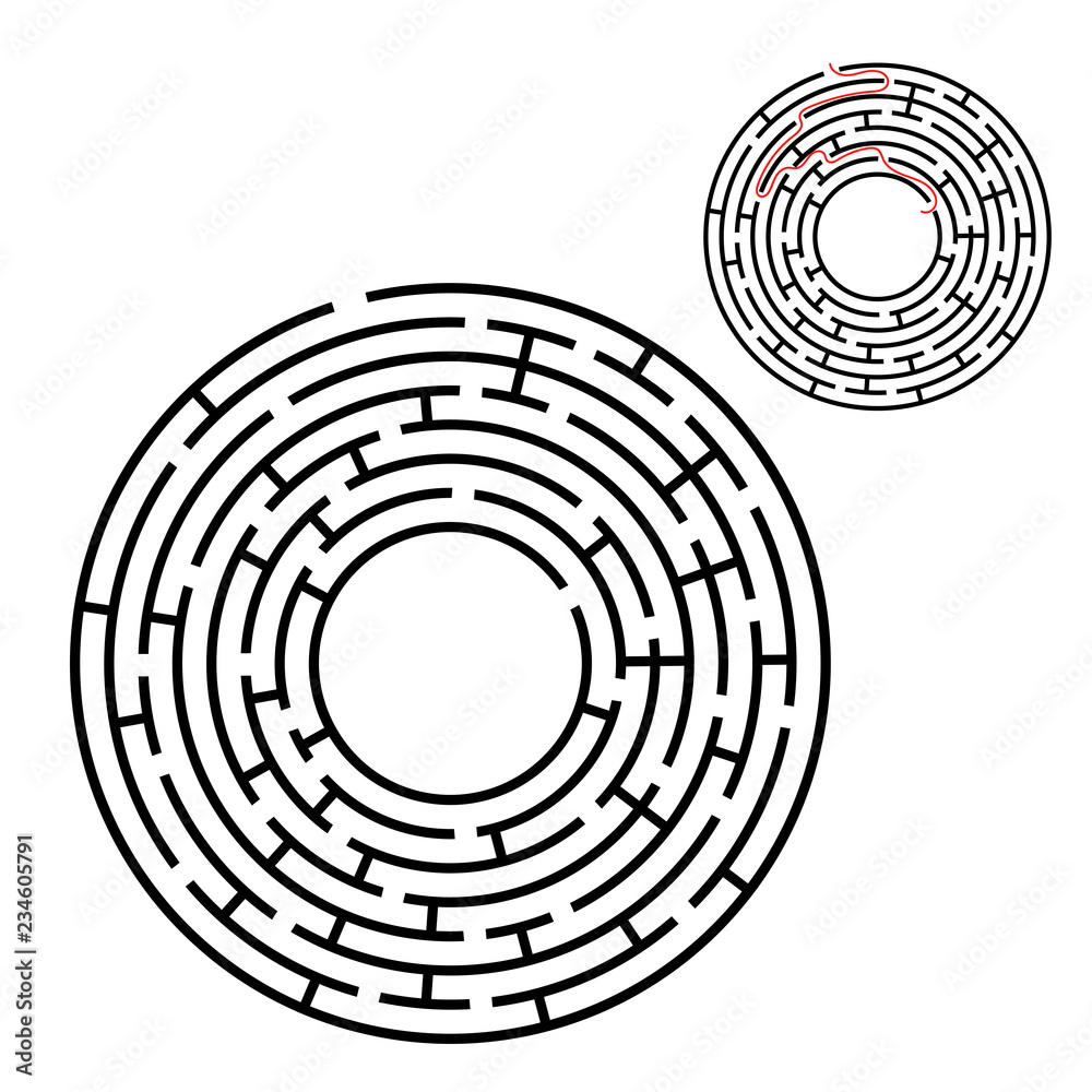 Abstract round maze. Game for kids. Puzzle for children. One entrance, one exit. Labyrinth conundrum. Flat vector illustration isolated on white background. With answer. With place for your image. Abstract round maze. Game for kids. Puzzle for children. One entrance, one exit. Labyrinth conundrum. Flat vector illustration isolated on white background. With answer. With place for your image.