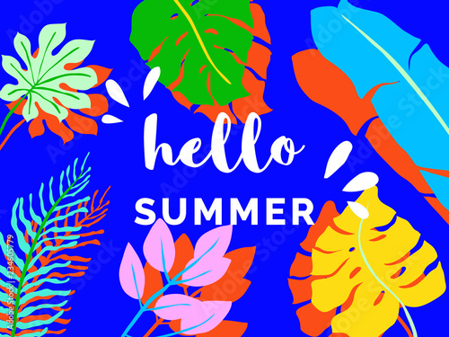 Hello summer banner/background template design, tropical plants on blue background, colorful vibrant tones