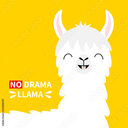 Llama alpaca head face. No drama. Tooth smile. Cute cartoon funny kawaii character. Childish baby collection. T-shirt, greeting card, poster template print. Flat design. Yellow background.