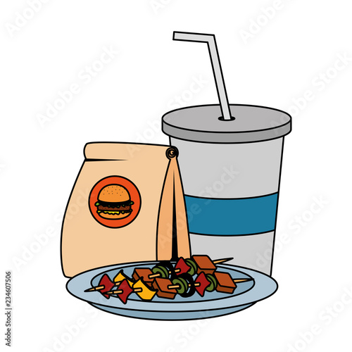 fast food paper bag with hamburger and soda