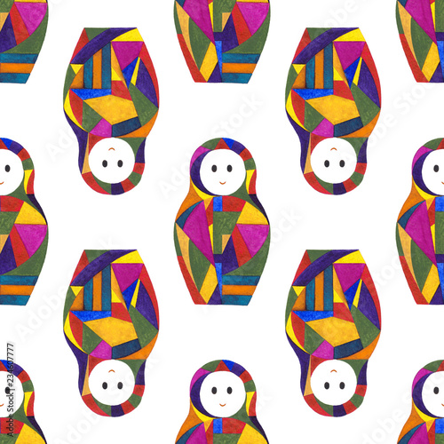 Watercolor abstract girls seamless pattern. Nesting doll characters texture for surface design, textile, wrapping paper, wallpaper, phone case print, fabric. Matryoshka hand painted background.