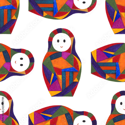 Watercolor abstract girls seamless pattern. Nesting doll characters texture for surface design, textile, wrapping paper, wallpaper, phone case print, fabric. Matryoshka hand painted background.