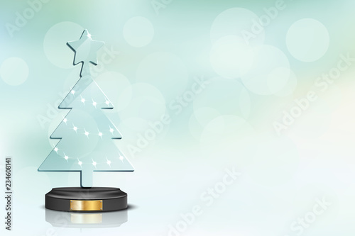 Glass Christmas tree on blurred winter holiday background. Vector Christmas and New Year design template.