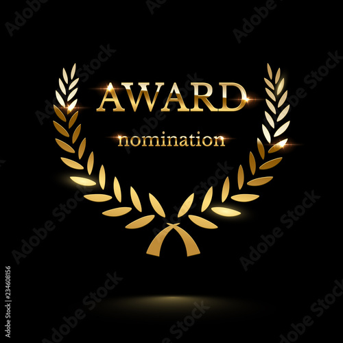 Gold shiny laurel wreath award emblem on black background. Vector design element.