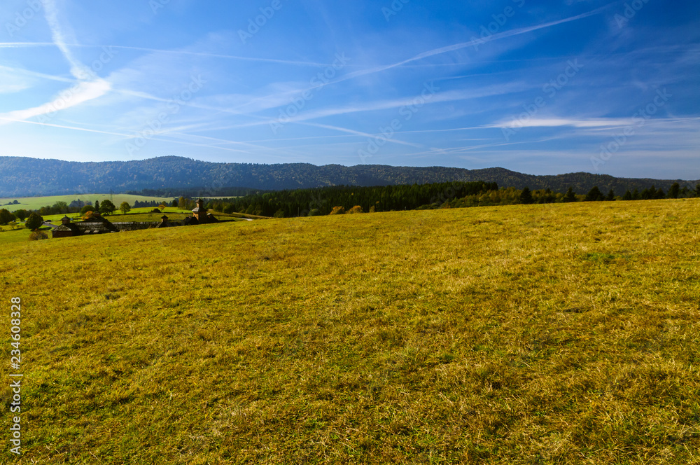 Fototapeta premium Bieszczady Mountains, Lutowiska, Poland. View from viewpoint near Lutowiska town in sunny day.