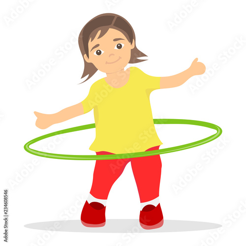 The girl turns the hula hoop. The little girl is charging and turns the hula hoop. Flat design, vector.