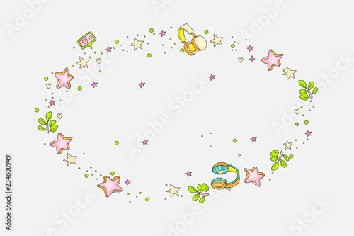 Funny doodle decorative round element with stars, hearts, headphones, branch, leaves, likes. Cartoon colored decoration for banner, lettering, illustration, cute game.