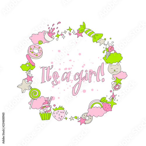 Cute pink greeting card with newborn girl. Cartoon fun greeting text - It s a girl, newborn baby, little girl with round decoration icons. Funny dacoration with cats, donuts, sweets and other. photo