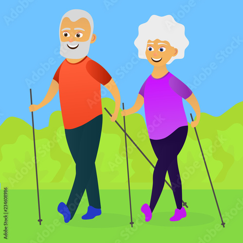 Seniors nordic walking. Old man and woman walking together. Elderly people active lifestyle. Vector illustration