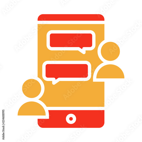 Communication on dialogue boxes between people online on their smartphones. Vector trendy flat glyph icon of a mobile device with a chatting and messaging app