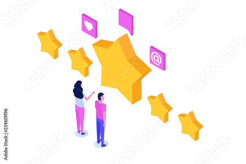 Customer review, Usability Evaluation,  Feedback,  Rating system isometric concept. Vector illustration