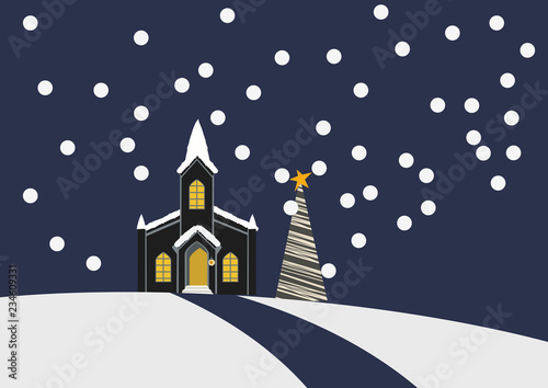 教会のある風景。 教会のある景色のイラストレーション。教会のある雪の風景。