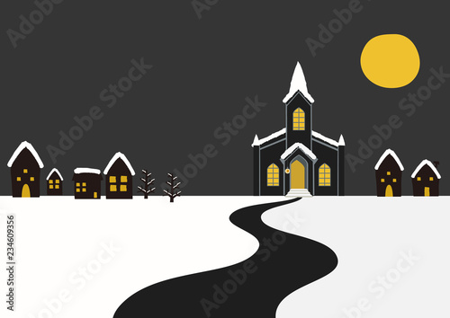 教会のある風景。 教会のある景色のイラストレーション。教会のある雪の風景。