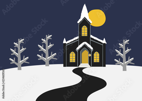 教会のある風景。 教会のある景色のイラストレーション。教会のある雪の風景。