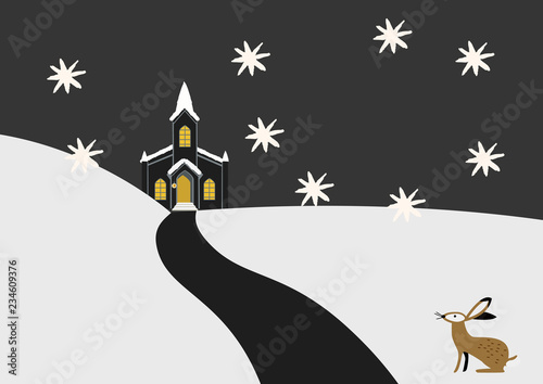 教会のある風景。 教会のある景色のイラストレーション。教会のある雪の風景。