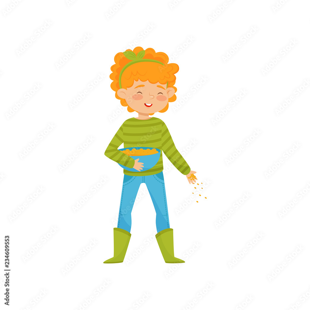 Cute girl with bowl of gains in hand, feeding farm birds. Child in sweater, pants and rubber boots. Flat vector design Cute girl with bowl of gains in hand, feeding farm birds. Child in sweater, pants and rubber boots. Flat vector design