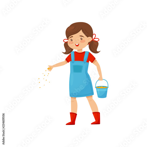 Little farm girl holding bucket with grains and feeding birds. Cartoon kid character. Flat vector design