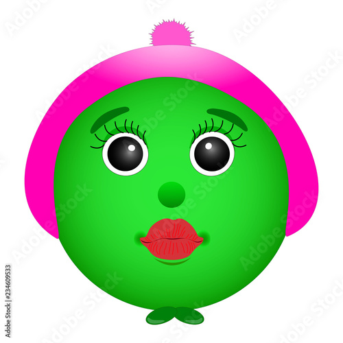 Green smiley face in a beret. Girl with red lips, isolated, white. Vector