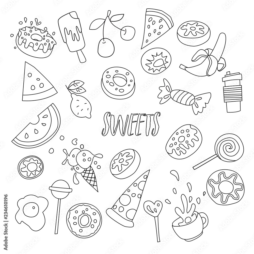 Cute cartoon sweets line icon set, fruits, berries and sweet candies. All  sweet desserts icons. Hand draw line objects - sweet cocktail, donuts,  cupcakes, cup, ice cream and lollipops icon collection Stock