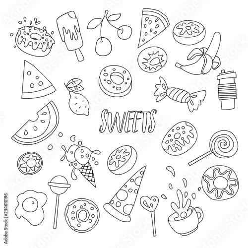 Cute cartoon sweets line icon set  fruits  berries and sweet candies. All sweet desserts icons. Hand draw line objects - sweet cocktail  donuts  cupcakes  cup  ice cream and lollipops icon collection