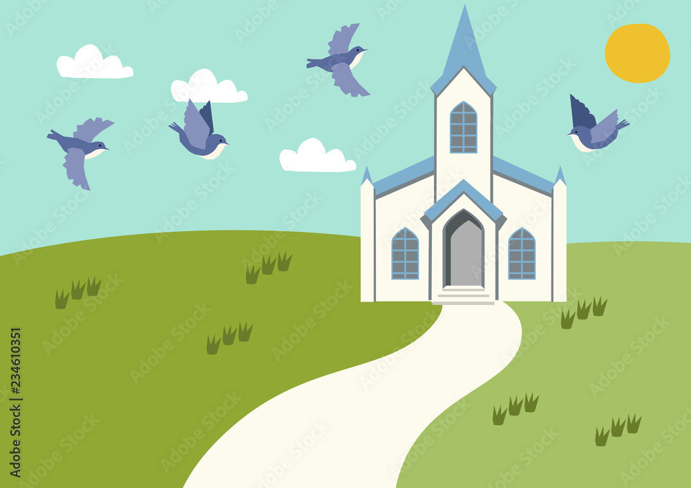 Naklejka premium 春の風景。教会のある風景。教会のある景観。