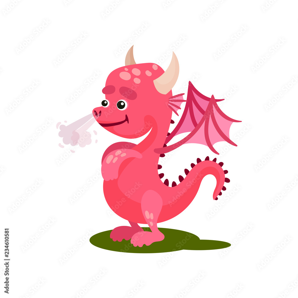 Cute pink dragon with steam from the nose. Mythical creature with small wings, horns and long tail. Flat vector icon Cute pink dragon with steam from the nose. Mythical creature with small wings, horns and long tail. Flat vector icon