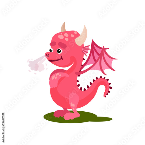 Cute pink dragon with steam from the nose. Mythical creature with small wings  horns and long tail. Flat vector icon