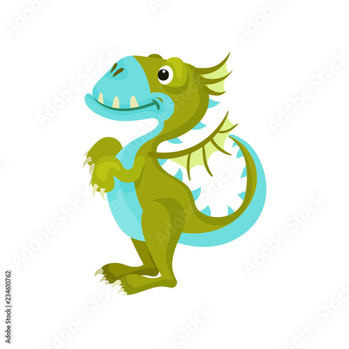 Cute green dragon with blue belly and muzzle. Fantastic animal with small wings and long tail. Flat vector icon © Happypictures