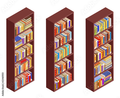 Isometric bookshelf isolated vintage 3d flat design vector illustration