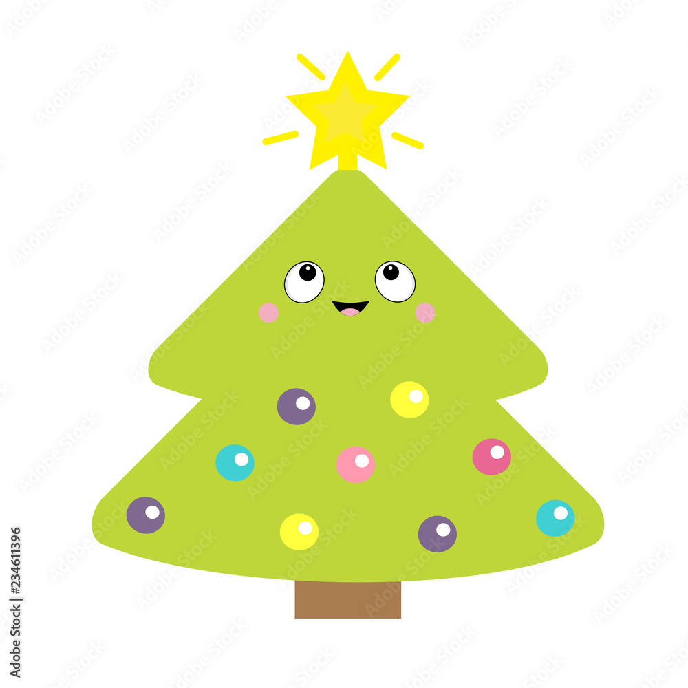Fir Christmas tree with star top tip, light ball toy set. Cute cartoon kawaii smiling character. Happy New Year card. Flat design. White background. Isolated. Fir Christmas tree with star top tip, light ball toy set. Cute cartoon kawaii smiling character. Happy New Year card. Flat design. White background. Isolated.