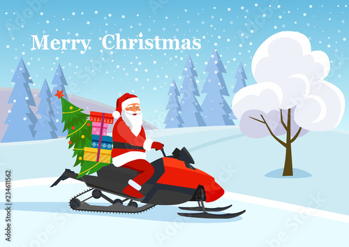 Santa claus riding Snowmobile isolated. Winter forest landscape. Vector flat style illustration