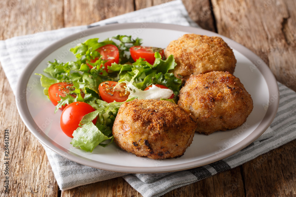 Karbonader Breaded Pork Patty Recipe with fresh vegetable salad close-up on a plate. Horizontal Karbonader Breaded Pork Patty Recipe with fresh vegetable salad close-up on a plate. Horizontal