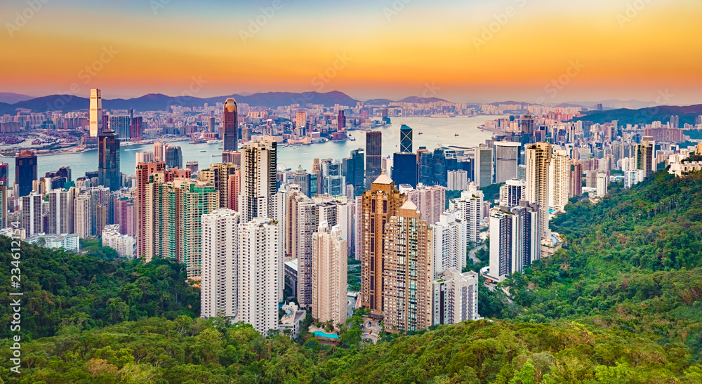 Fototapeta premium Hong Kong skyline at sunset. Panorama