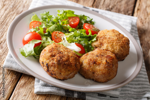 Tasty Danish pork minced meat patties in breading with fresh vegetable salad close-up on the table. horizontal