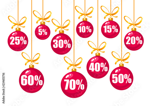 Set of discount tags 10,15,20,25,30,40,50,60,70 percent off in the shape of red Christmas balls hanging on a golden ribbons. Vector illustration isolated on white.
