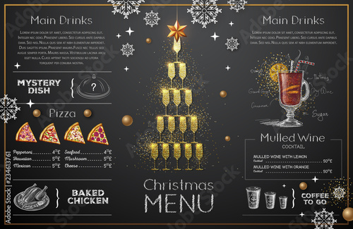 Christmas menu design with golden champagne glasses. Restaurant menu. Pyramid of champagne glasses