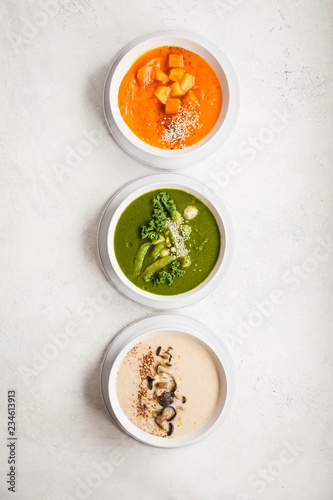 Plant based food three cream vegetable soup bowl overhead